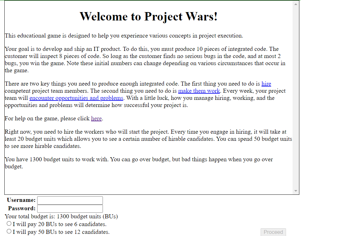 Project Wars Start Page